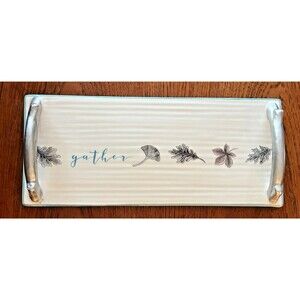 Ceramic “Ceramic “Gather” Cheese Aqua Silver Transpac Made in USA Leaves Harvest